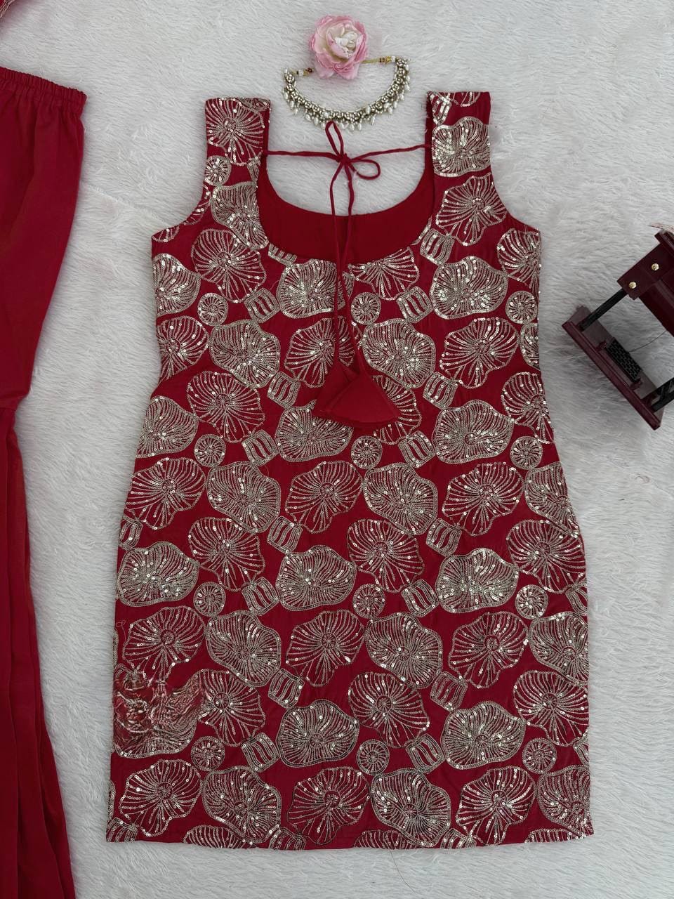 Rust Embroidered Simmer Silk Sharara Suit Set